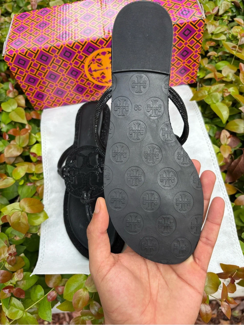 Tory Burch Black Logo Thong Sandals with Medallion